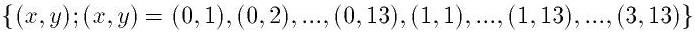 {(x,y); (x,y) = (0,1),(0,2),...,(0,13),(1,1),...,(1,13),...,(3,13)}